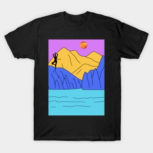 Animated Yoga Mountains Sun and River Graphic T-Shirt